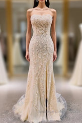 Classy Gold Lace Appliques Long Strapless Semi Formal Prom Dress with Side Slit